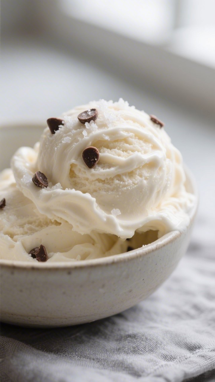 Close-up detail: A creamy scoop of keto vanilla ice cream just out of the freezer, smooth and scoopa