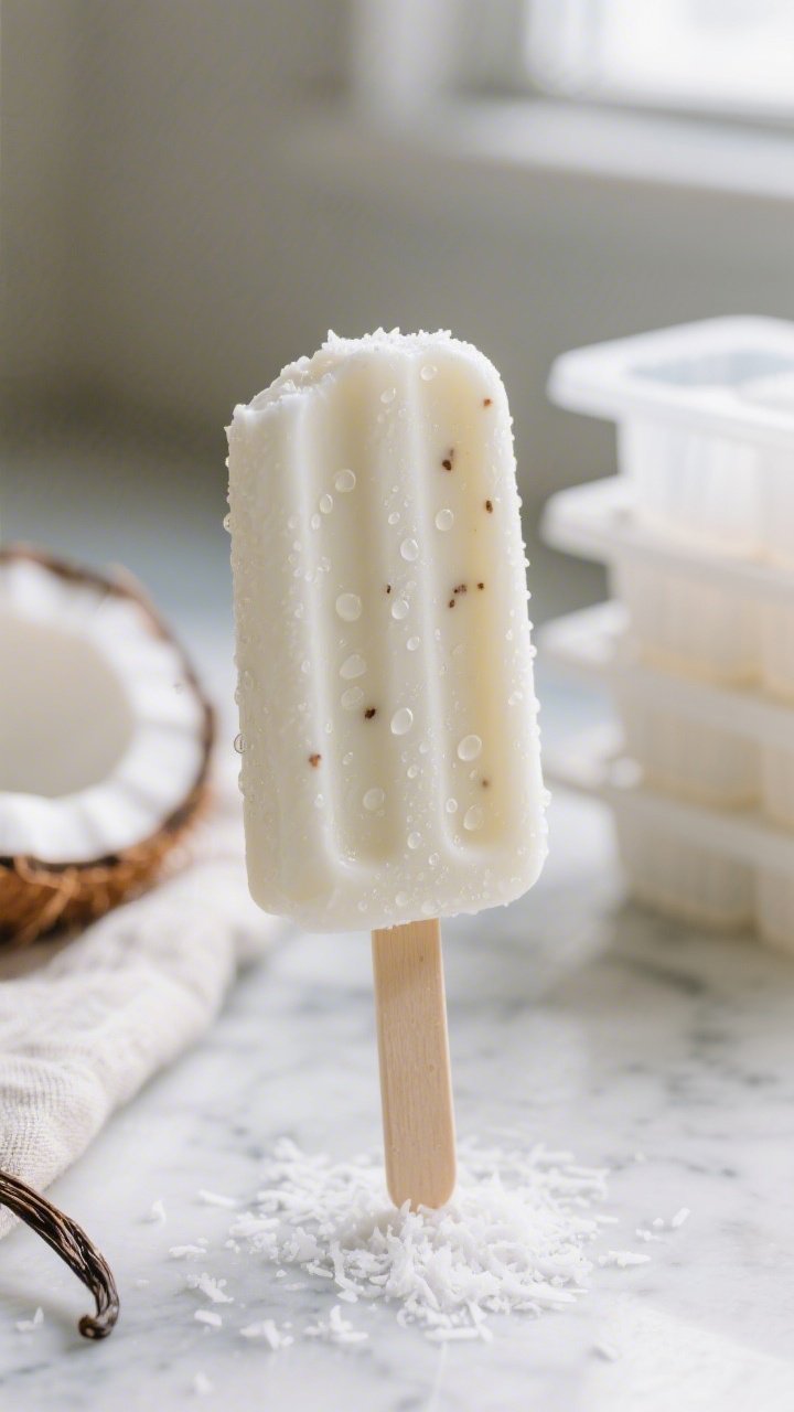 Close-up detail: A freshly unmolded Coconut Milk Keto Popsicle held upright on a marble surface, bea