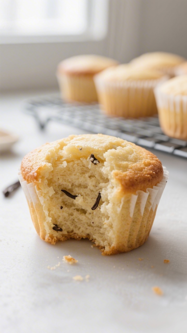 Close-up detail: A just-baked keto vanilla cupcake torn open to reveal a moist, tender crumb with vi