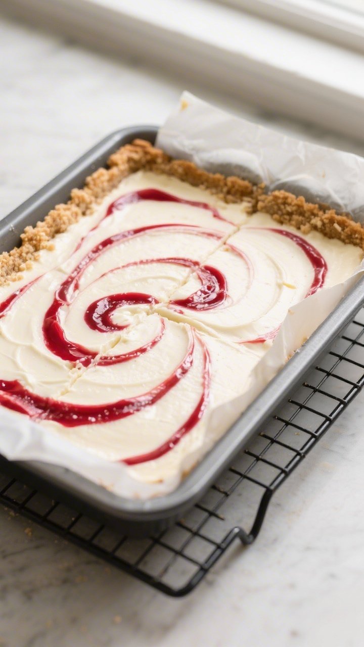 Close-up detail: A just-baked pan of keto cherry cheesecake bars cooling on a wire rack, overhead an