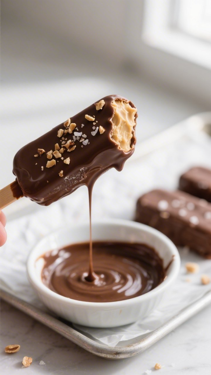 Close-up detail: A just-dipped peanut butter keto ice cream bar held above a bowl of glossy, lukewar