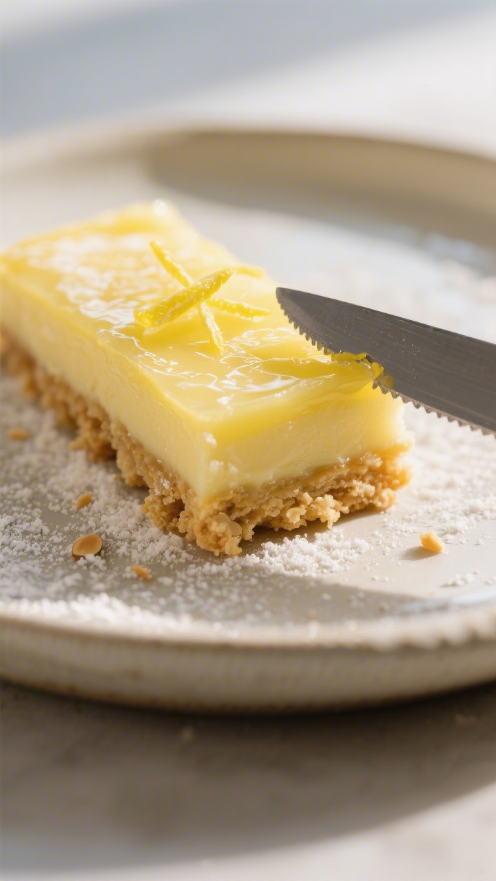 Close-up detail: A just-sliced lemon keto bar with a glossy, custard-like lemon layer set over a gol