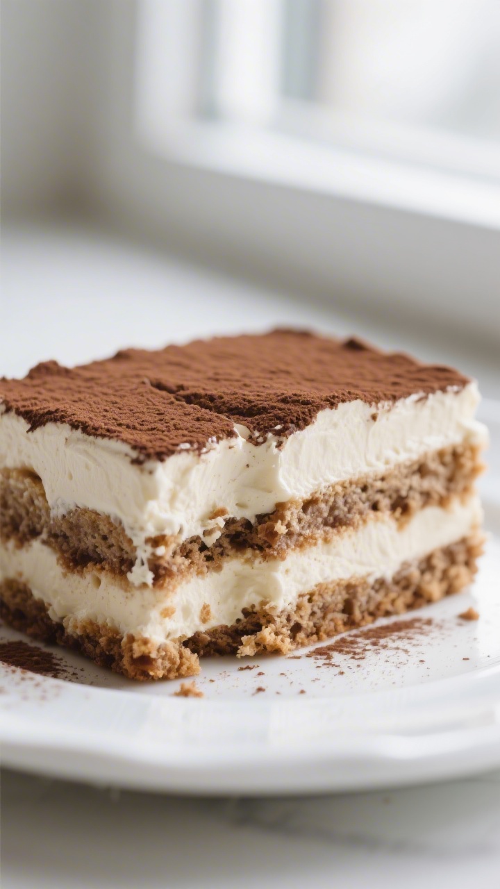 Close-up detail: A slice of keto tiramisu just cut, showing defined layers of coffee-soaked almond f
