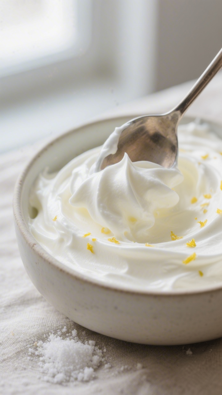 Close-up detail: A spoon gently folding whipped heavy cream into silky mascarpone/Greek yogurt to cr