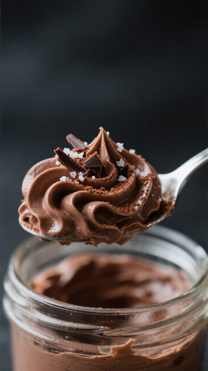 Close-up detail: A spoonful of keto chocolate mousse lifted from a small glass jar, showing silky, a