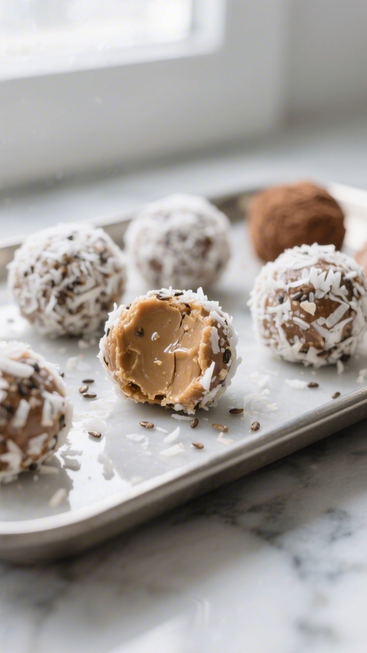 Close-up detail: A tray of chilled no-bake keto energy balls just set, glossy from coconut oil with