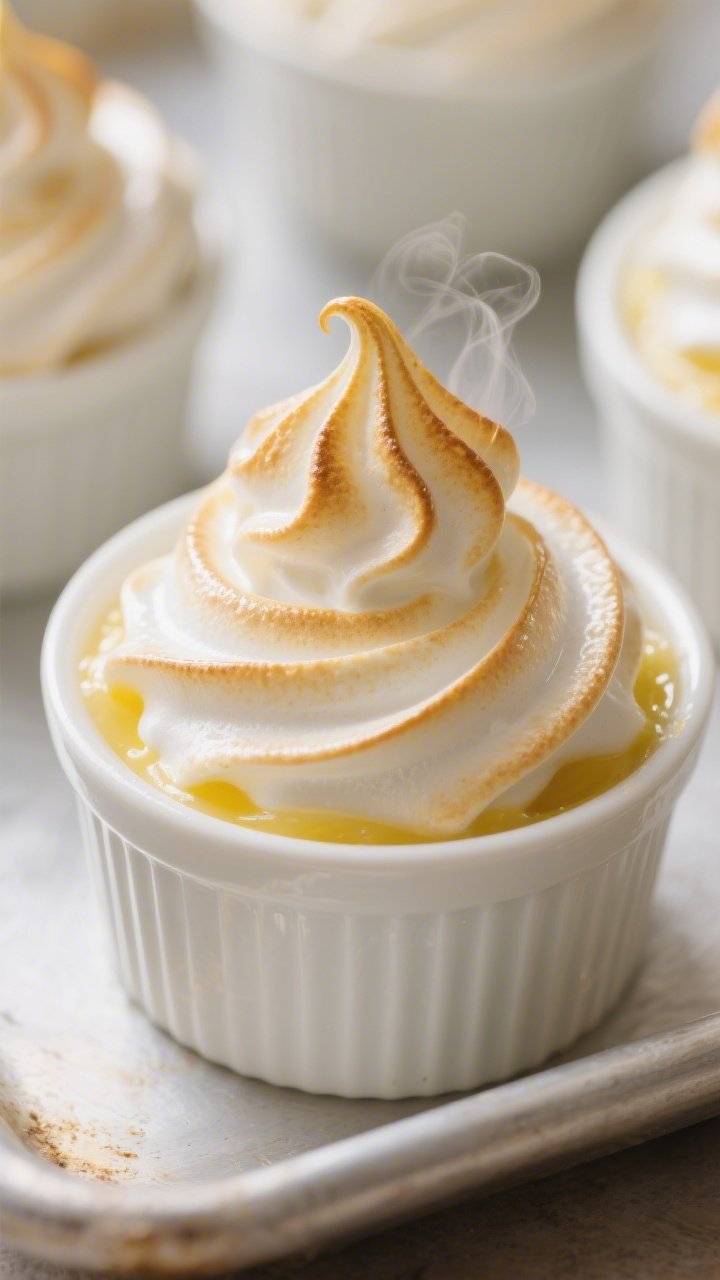 Close-up detail: A warm Keto Lemon Meringue Cup just out of the oven, showing glossy, softly swirled