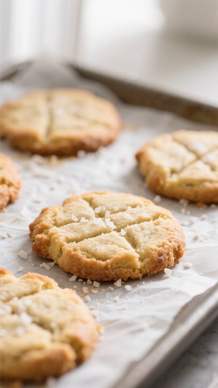 Close-up detail: Freshly baked 3-ingredient keto cookies cooling on a parchment-lined sheet, crisp g