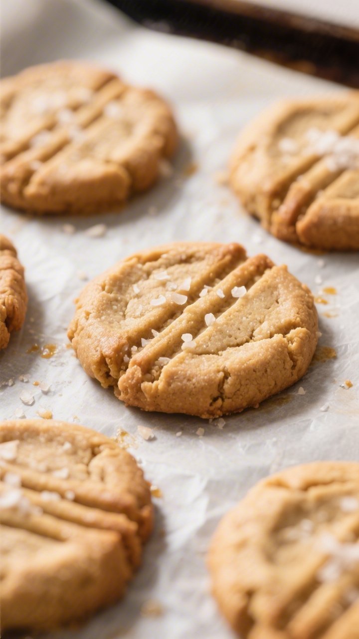 Close-up detail: Freshly baked keto peanut butter cookies cooling on a parchment-lined sheet, warm a