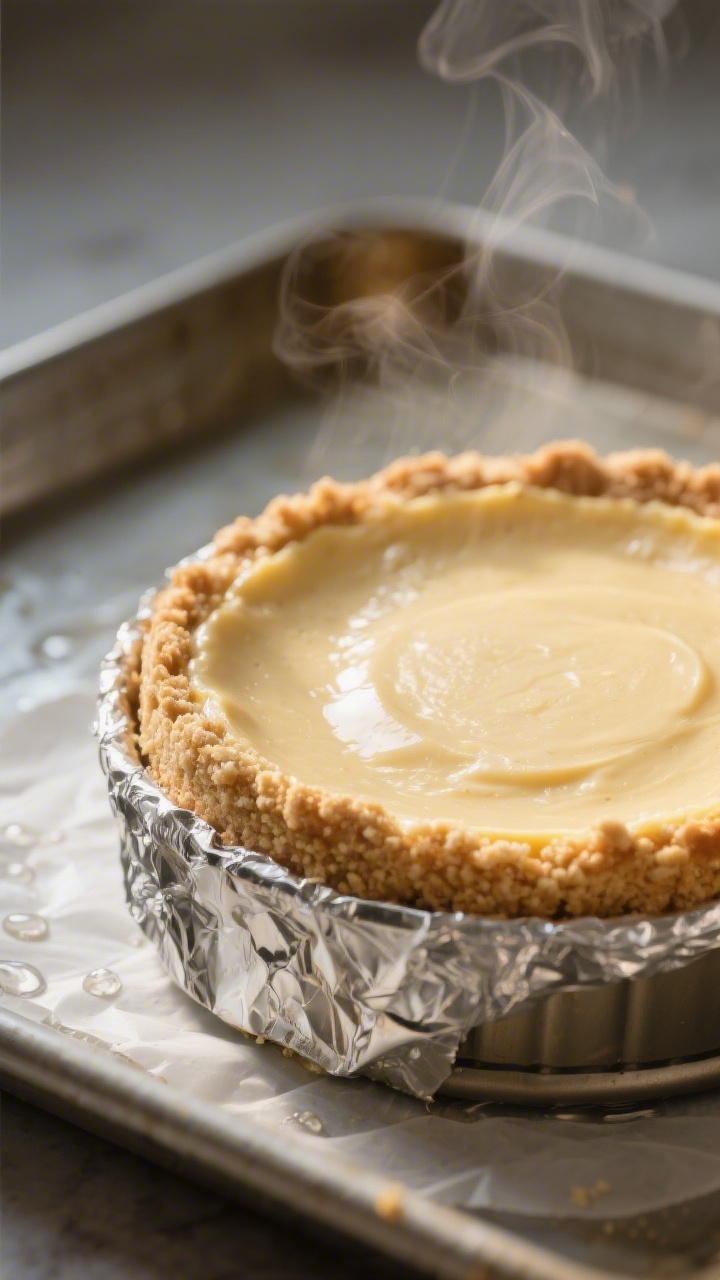 Close-up detail shot: A freshly baked keto cheesecake still in the springform pan, edges set with a 