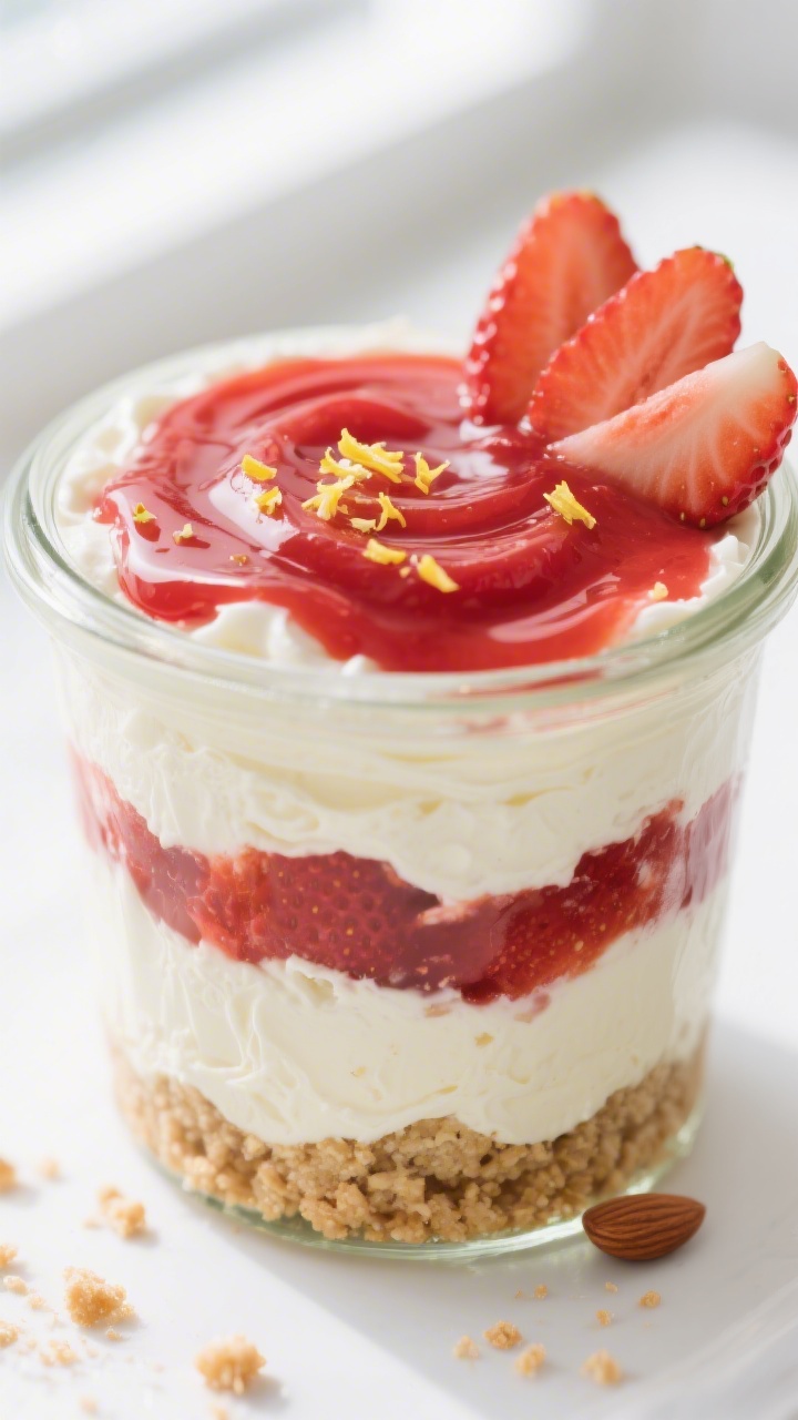 Close-up detail shot: A glass jar filled with layered keto strawberry cheesecake cups, showing the c