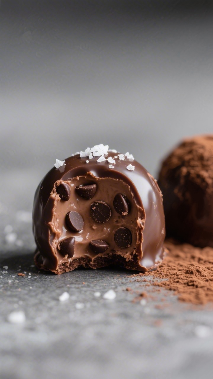 Close-up detail shot of a finished Double Chocolate Keto Fat Bomb, bitten to reveal the creamy cocoa