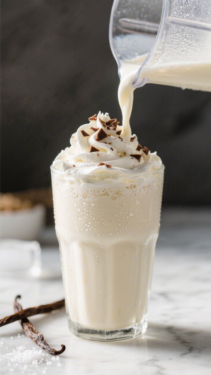 Close-up detail: Thick, creamy keto vanilla milkshake just finished blending, being poured in a silk