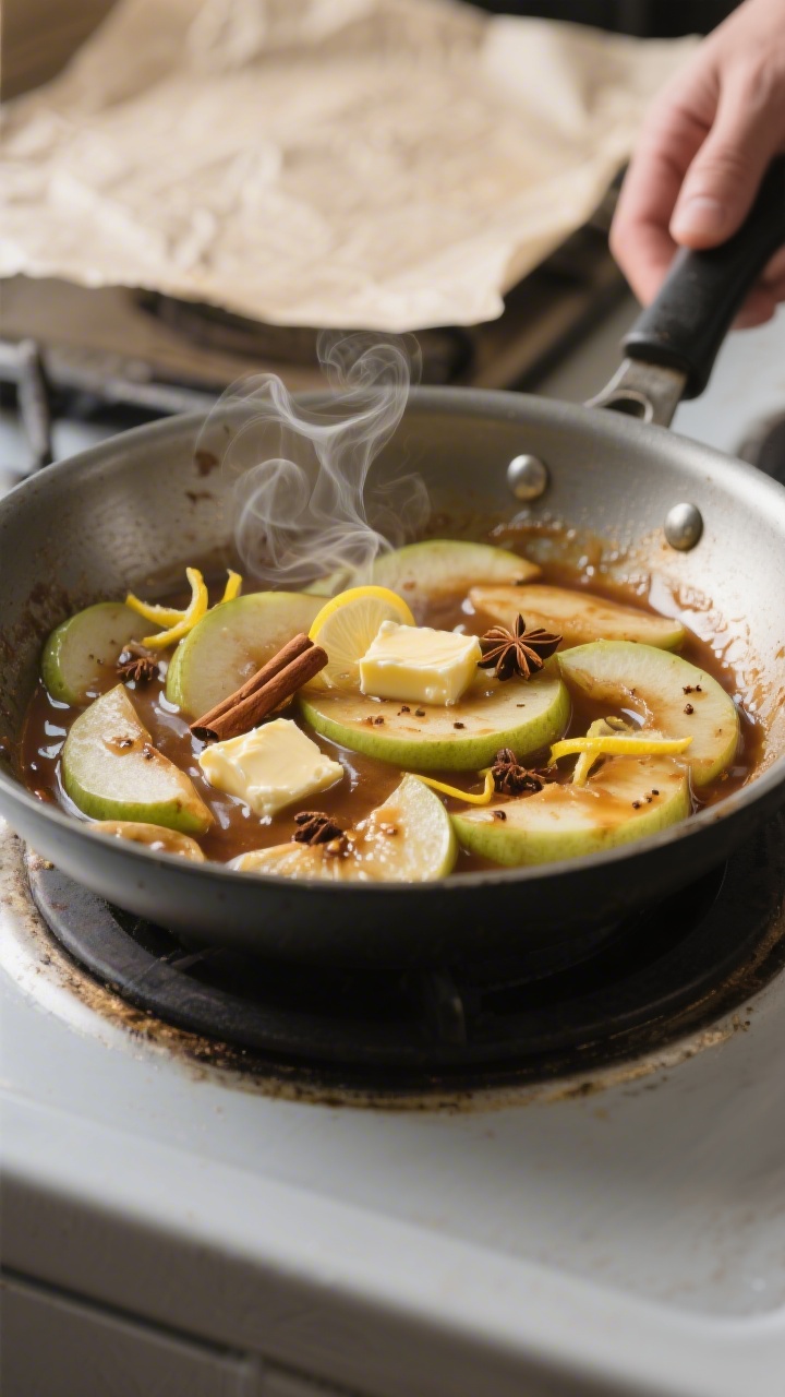 Cooking process close-up: Chayote “apple” filling simmering in a wide stainless skillet, tender-
