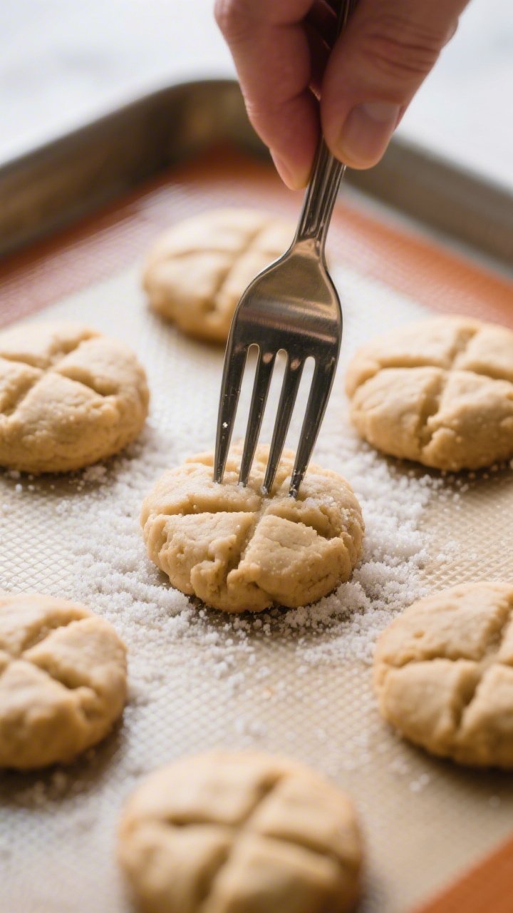 Cooking process: Fork pressing a crisscross pattern into portioned cookie dough balls flattened to a