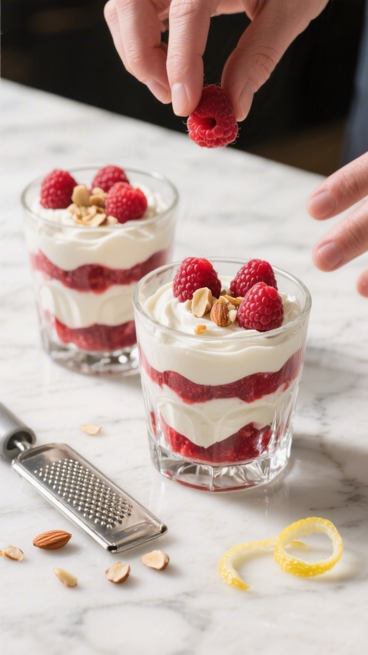 Cooking process: Layering Raspberry Cream Keto Parfaits in clear rocks glasses, overhead shot captur