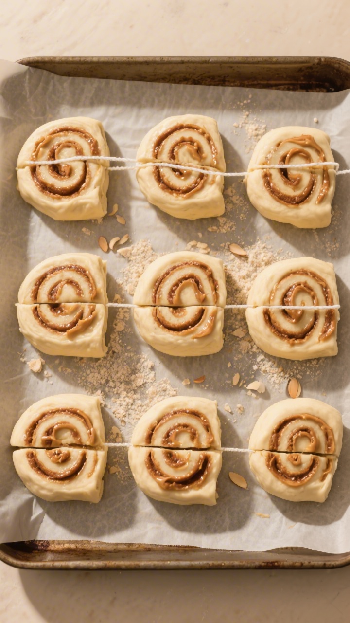 Cooking process: Overhead shot of a sliced fathead-dough cinnamon roll log on parchment, showing nea