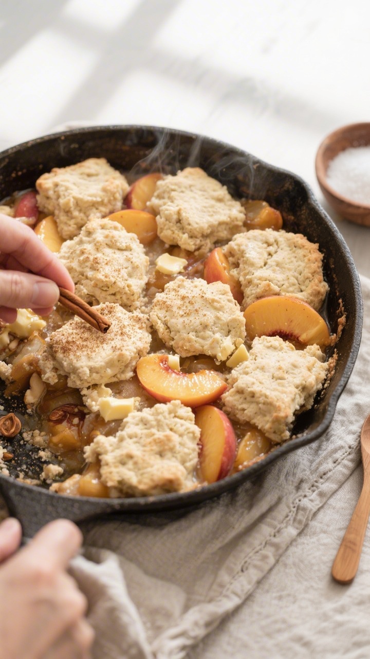 Cooking process: Overhead shot of assembling the cobbler in a 10-inch oven-safe skillet—rustic dol