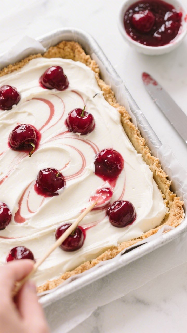 Cooking process: Overhead shot of assembly before baking—smooth, silky cream-cheese batter spread 