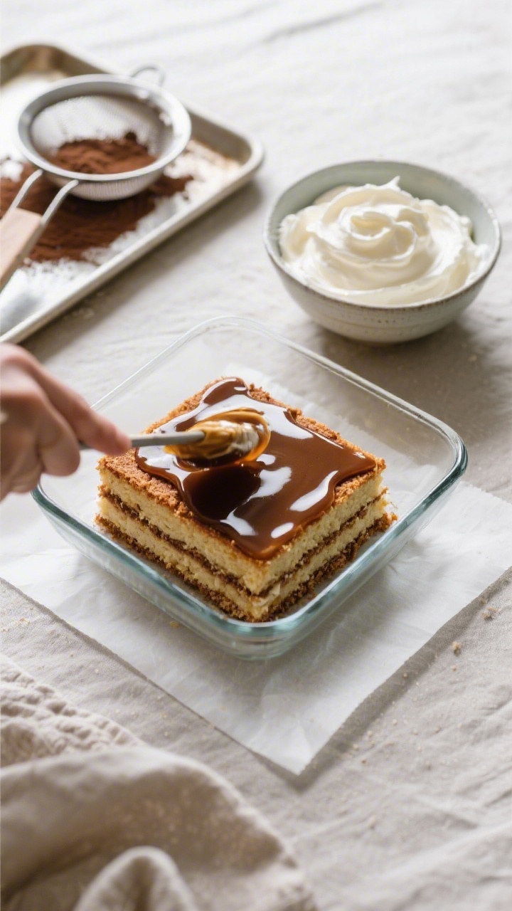 Cooking process: Overhead shot of assembly in a square glass dish—first layer of almond-coconut sp