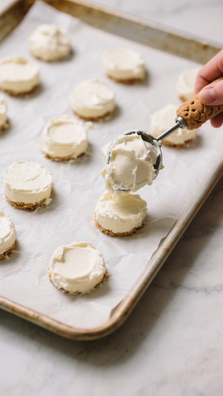 Cooking process: Overhead shot of chilled, scoopable cheesecake mixture being portioned with a small