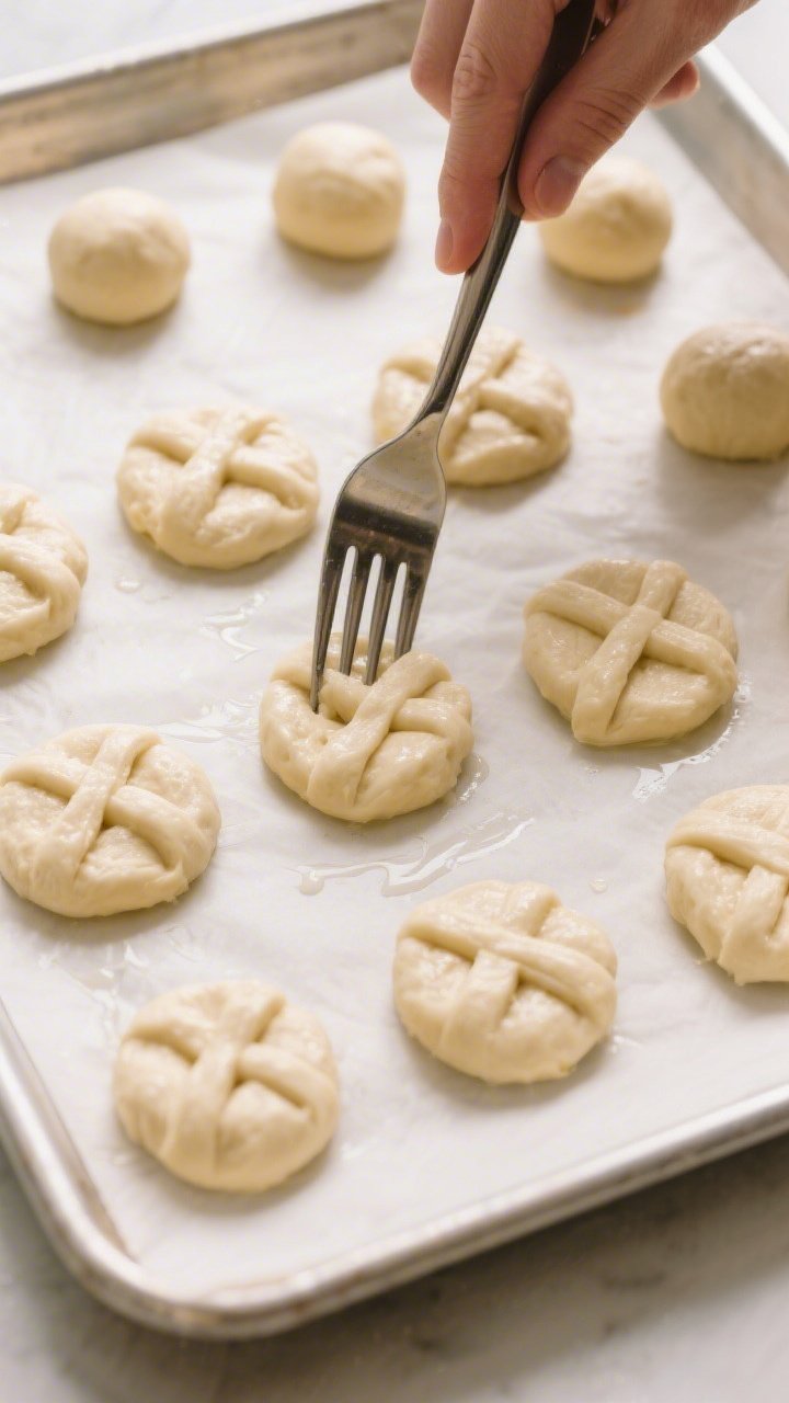 Cooking process: Overhead shot of dough balls being flattened into the classic crisscross pattern on