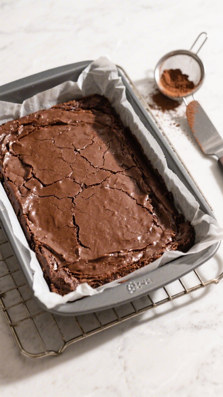 Cooking process: Overhead shot of freshly baked keto brownie slab in an 8x8-inch parchment-lined pan