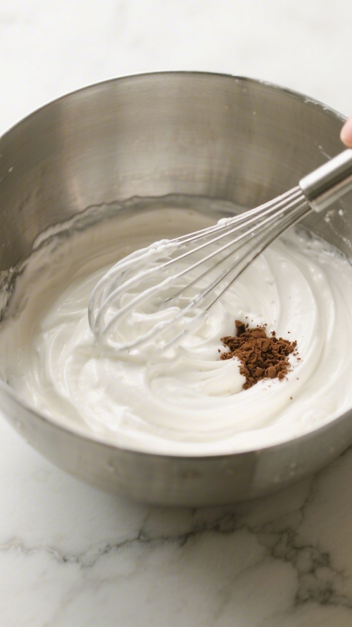 Cooking process: Overhead shot of freshly whipped mousse in a chilled stainless-steel mixing bowl, w