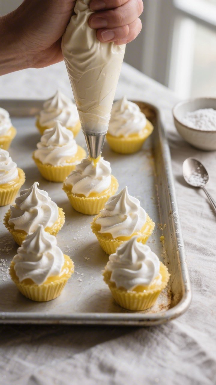 Cooking process: Overhead shot of individual lemon cups on a rimmed sheet pan as meringue is being a