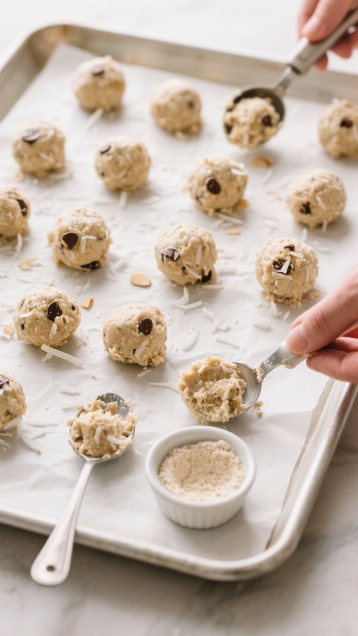 Cooking process: Overhead shot of tablespoon-sized portions being rolled into smooth energy balls on