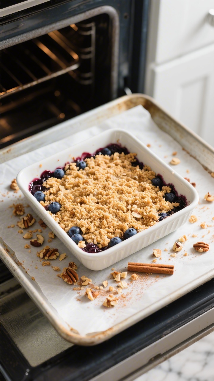 Cooking process: Overhead shot of the assembled crumble mid-bake at the 30-minute mark, topping turn