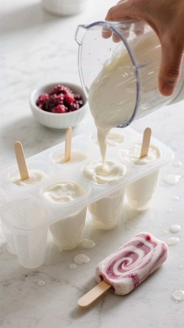 Cooking process: Overhead shot of the coconut mixture being poured from a blender into popsicle mold