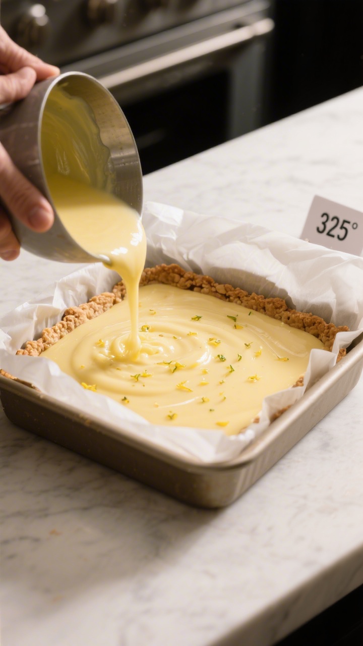 Cooking process: Overhead shot of the warm par-baked almond crust in an 8x8 parchment-lined pan as t