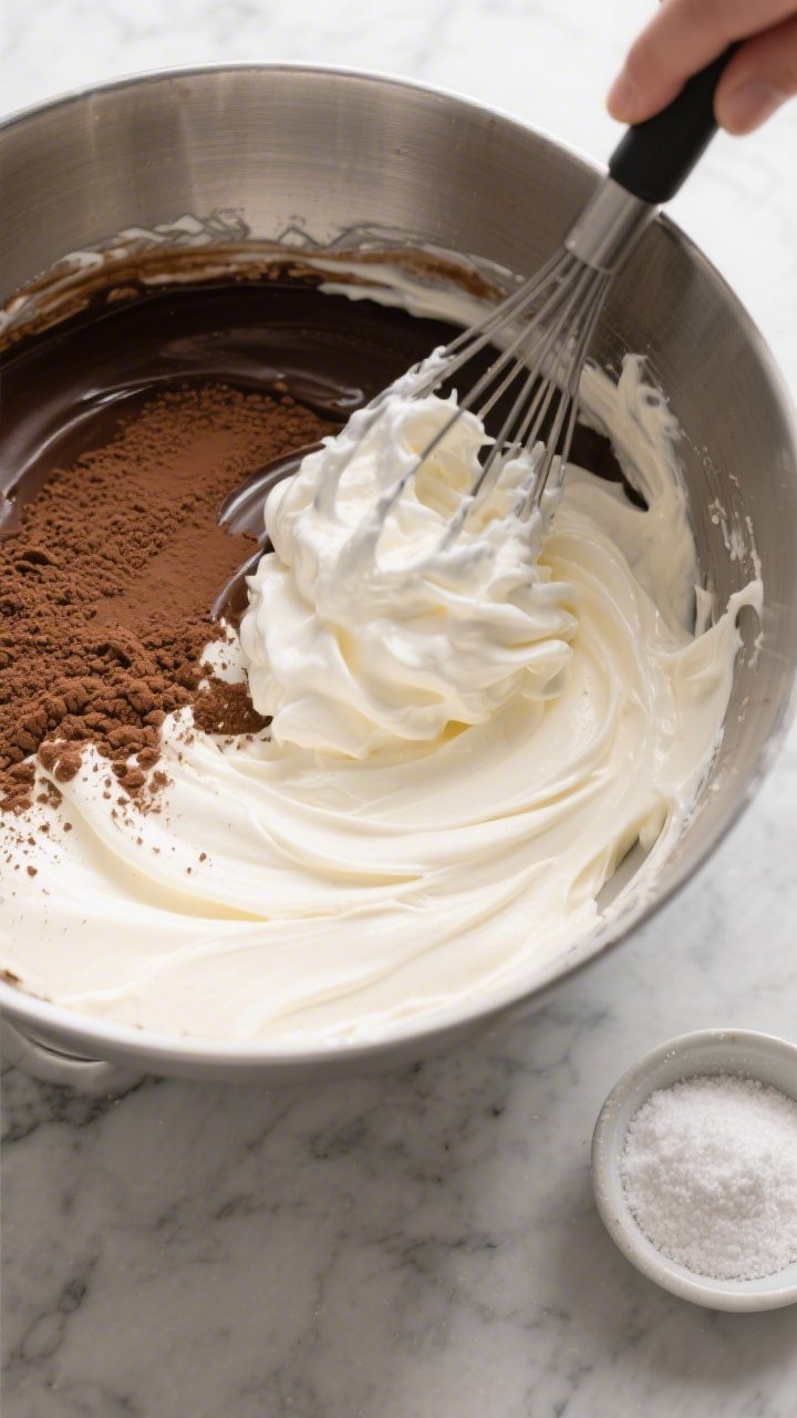 Cooking process: Overhead shot of the “whisk, fold, freeze” step—airy whipped cream being gent