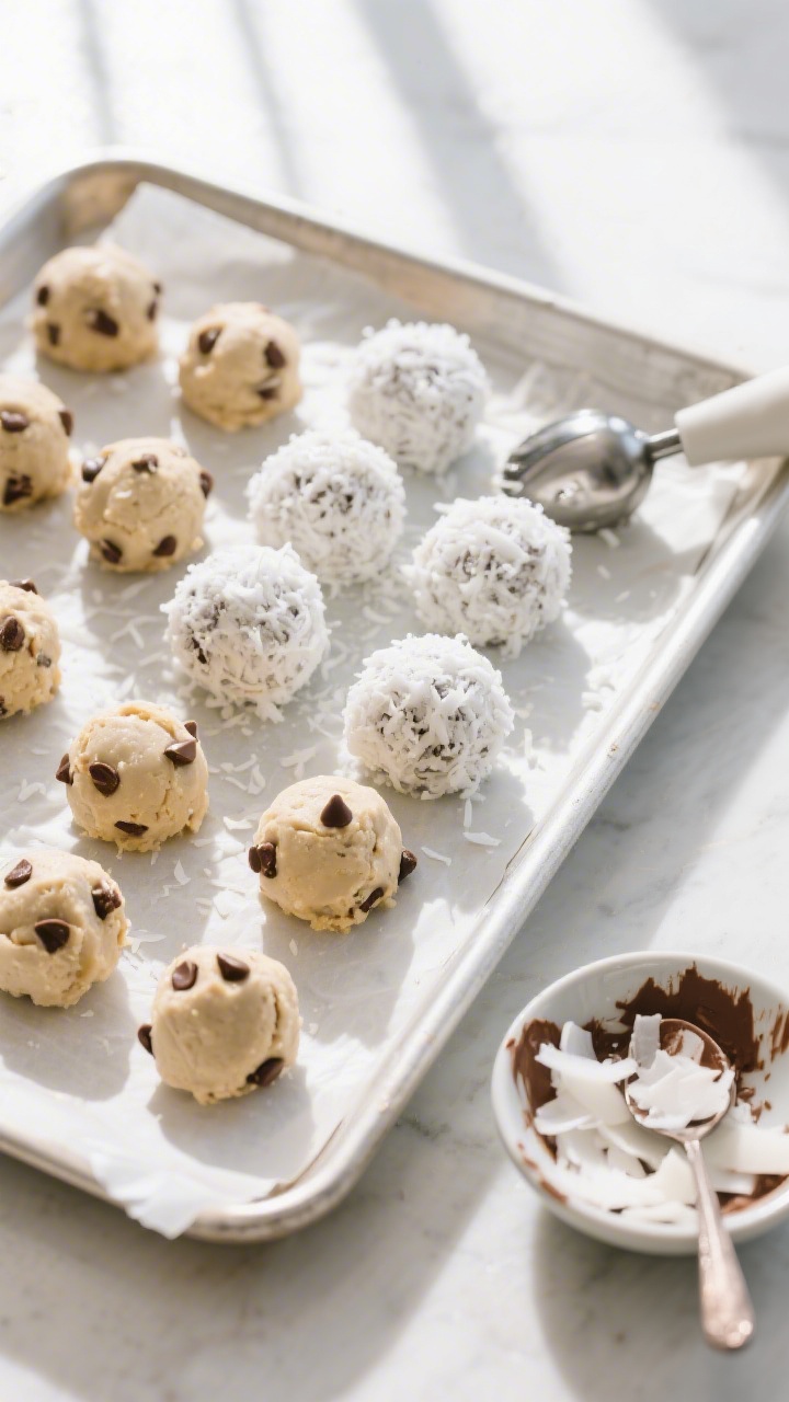Cooking process scene: overhead shot of a parchment-lined tray with freshly scooped, rounded fat bom