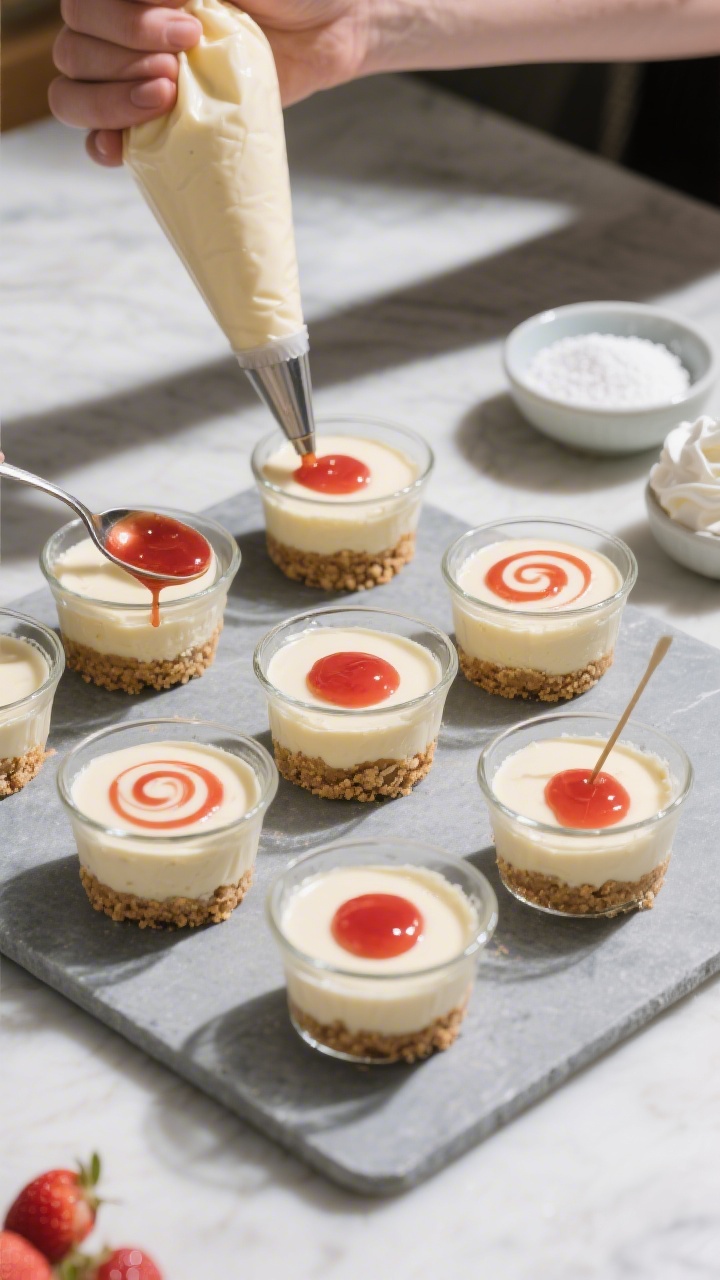 Cooking process shot: Overhead view of assembly in progress—six small glass cups on a cool gray sl