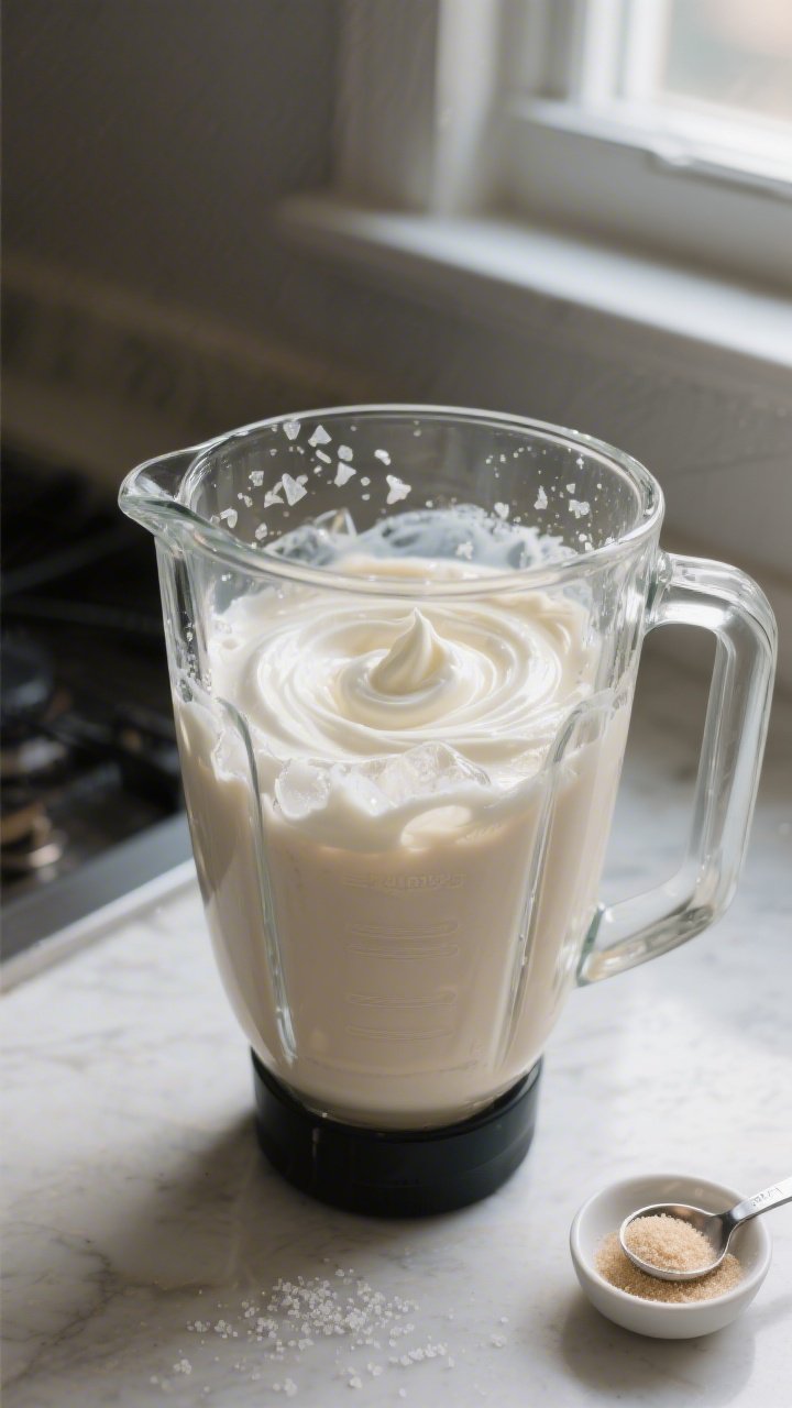 Cooking process: The keto milkshake mid-blend in a clear blender, showing the vortex and thick froth