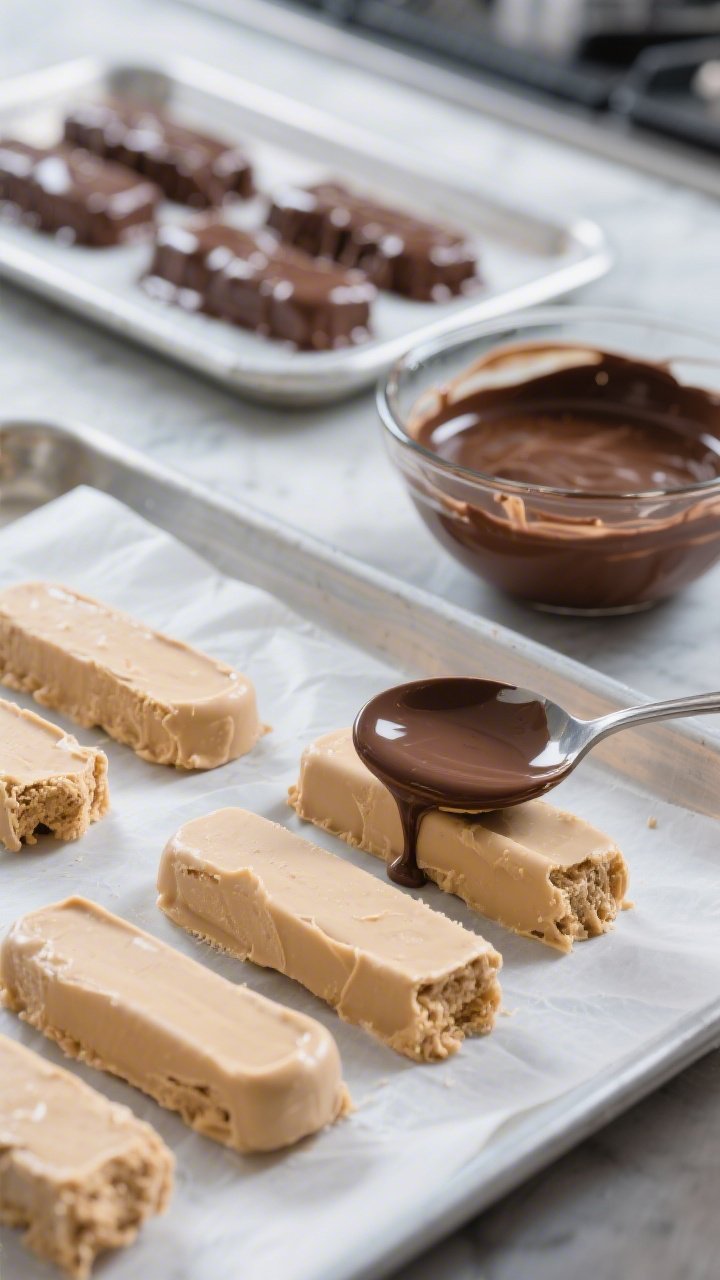 Cooking process: Unmolded peanut butter ice cream bars staged on a chilled, parchment-lined tray rig