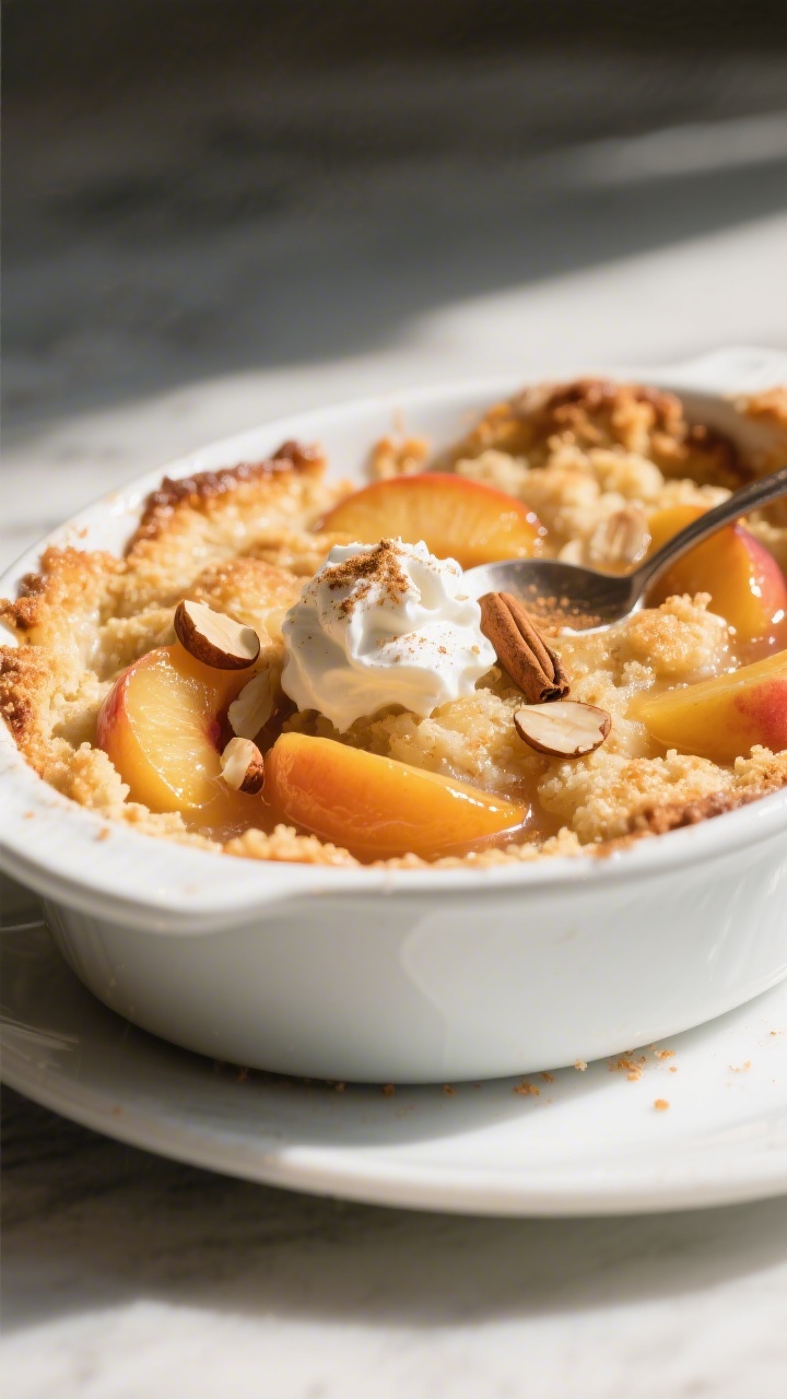 Final dish presentation: Beautifully baked Keto Peach Cobbler in a matte white shallow casserole, to