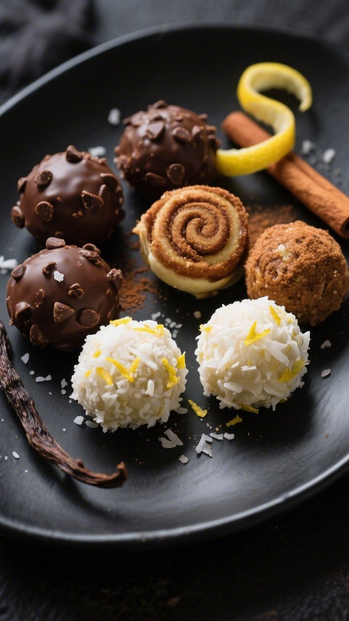 Final dish presentation: Beautifully plated assortment of no-bake keto energy balls on a matte black