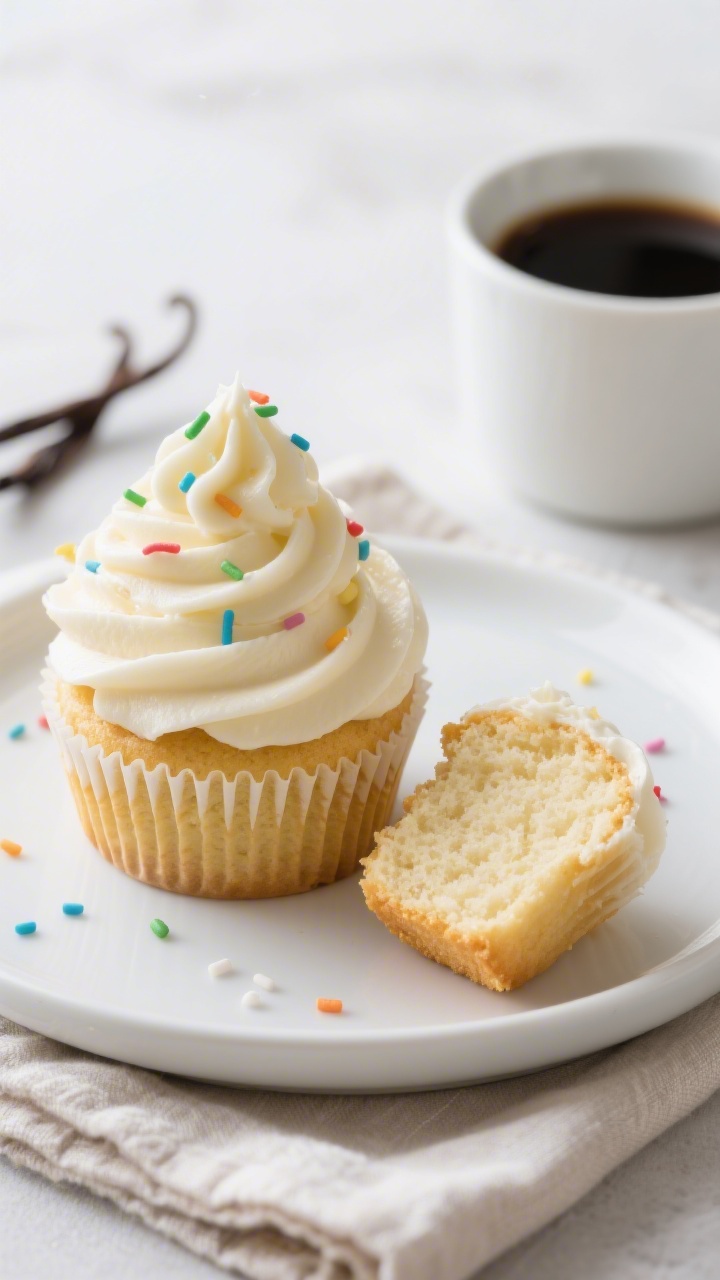 Final dish presentation: Beautifully plated keto vanilla cupcakes topped with tall swirls of keto bu