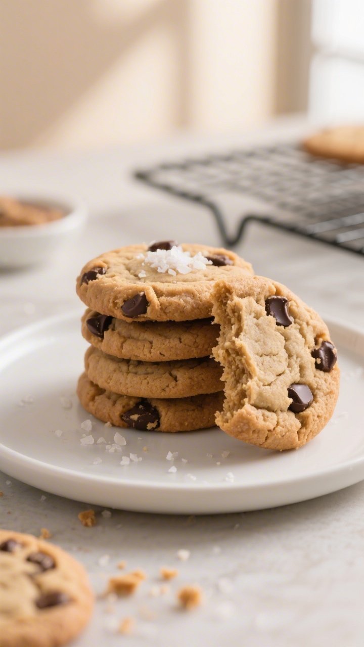 Final dish presentation: Beautifully plated stack of keto peanut butter cookies on a matte white des