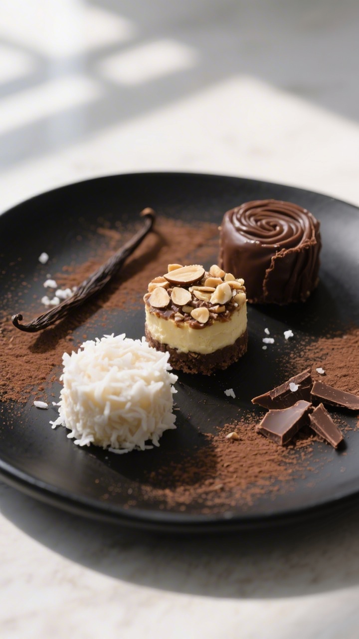 Final dish presentation: Beautifully plated trio of no-bake keto chocolate cheesecake bites—one ro