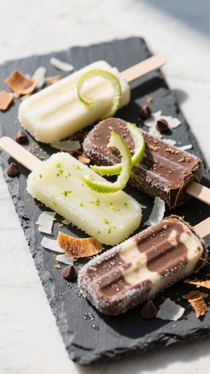 Final dish presentation: Restaurant-quality arrangement of assorted finished popsicles on a chilled 