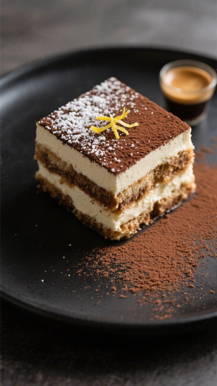 Final dish presentation: Restaurant-quality plated keto tiramisu square with sharp edges, topped wit