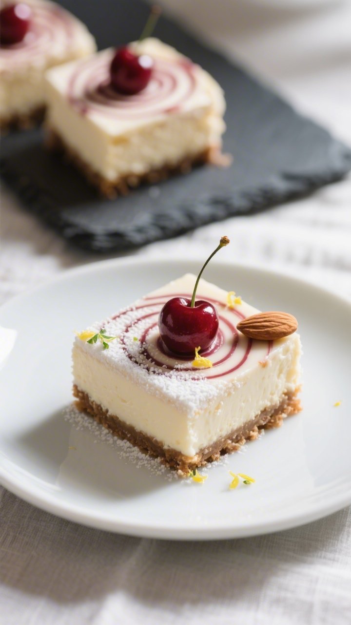 Final dish presentation: Restaurant-quality plated keto cherry cheesecake bar, sliced into a perfect