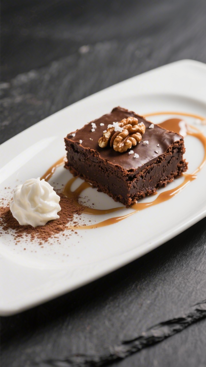 Final dish presentation: Restaurant-quality plated keto brownie square served slightly chilled for m