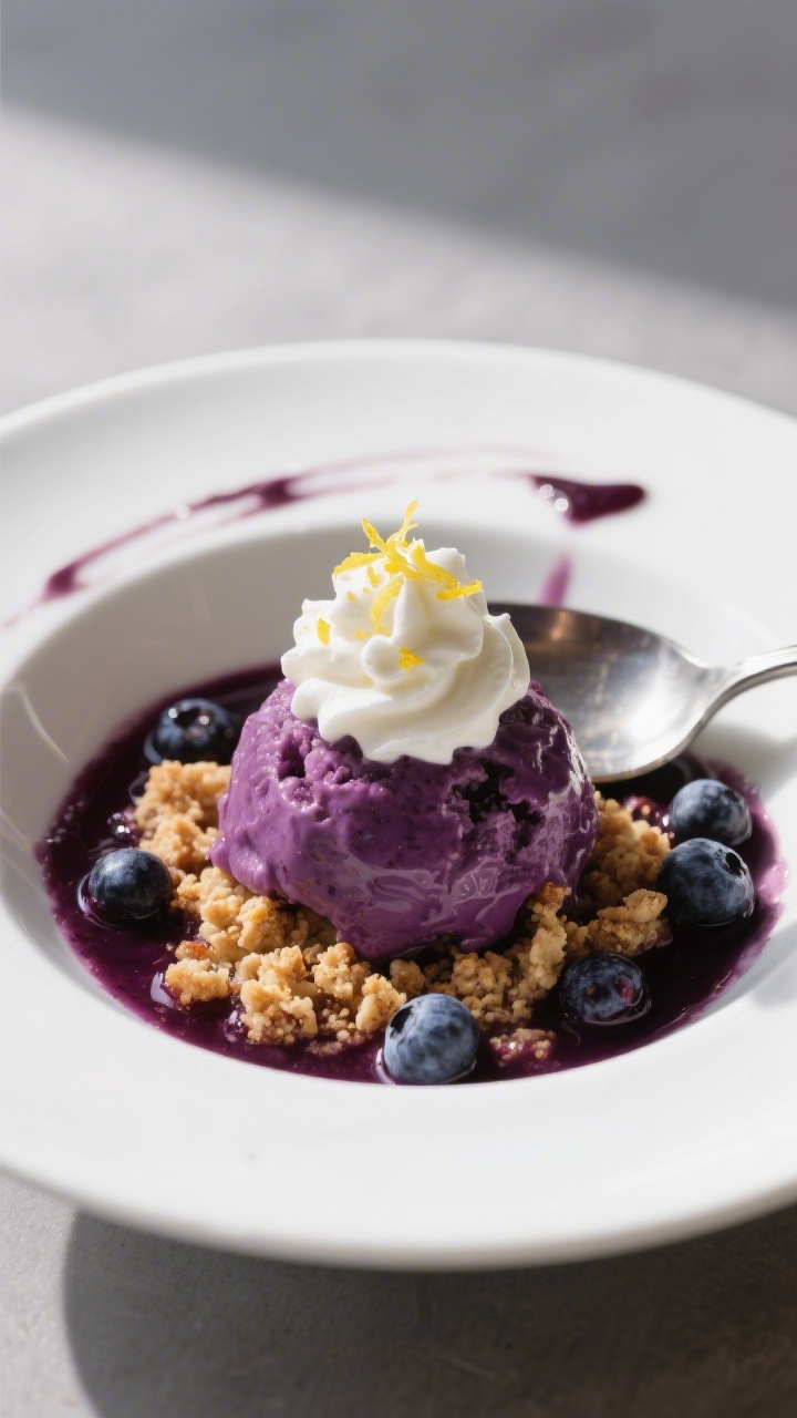 Final dish presentation: Restaurant-quality plating of a warm scoop of keto blueberry crumble in a s