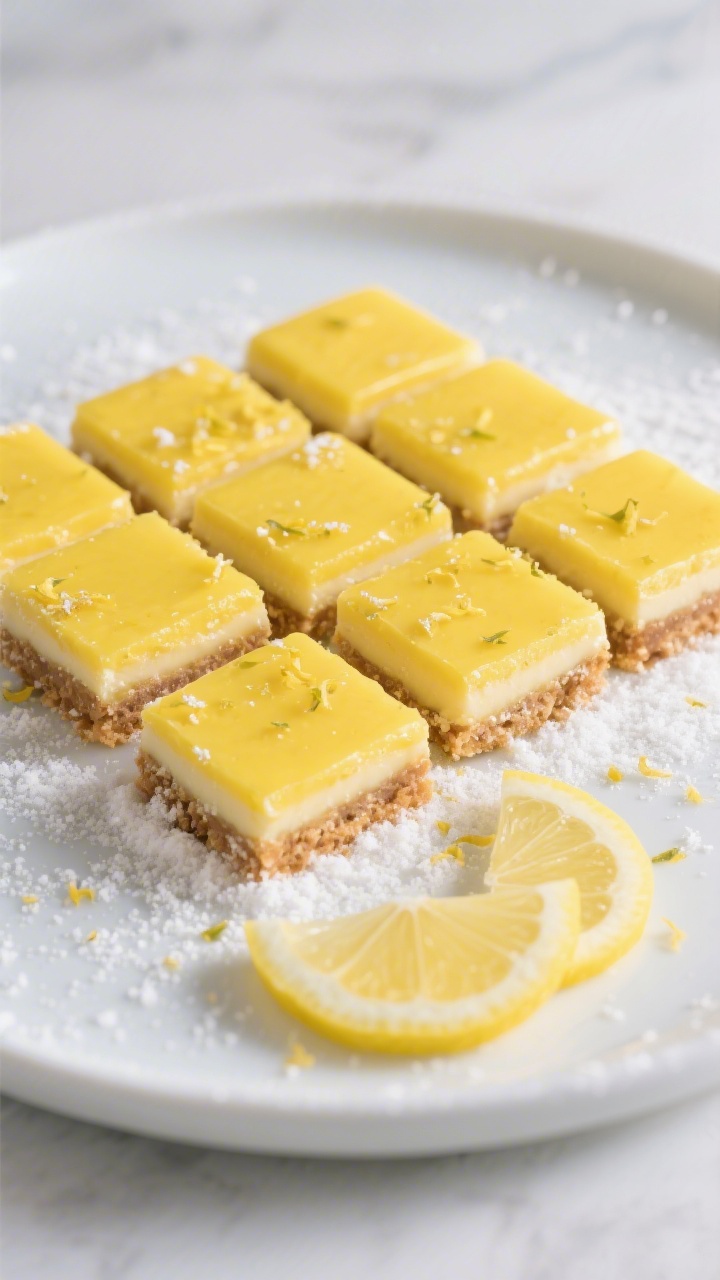 Final dish presentation: Restaurant-quality plating of chilled lemon keto bars cut into neat 16 squa