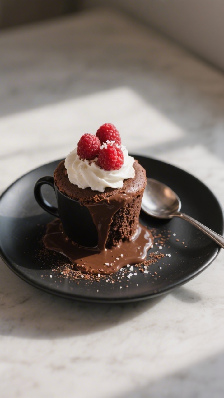 Final dish presentation: The chocolate lava keto mug cake inverted onto a small matte black plate, l